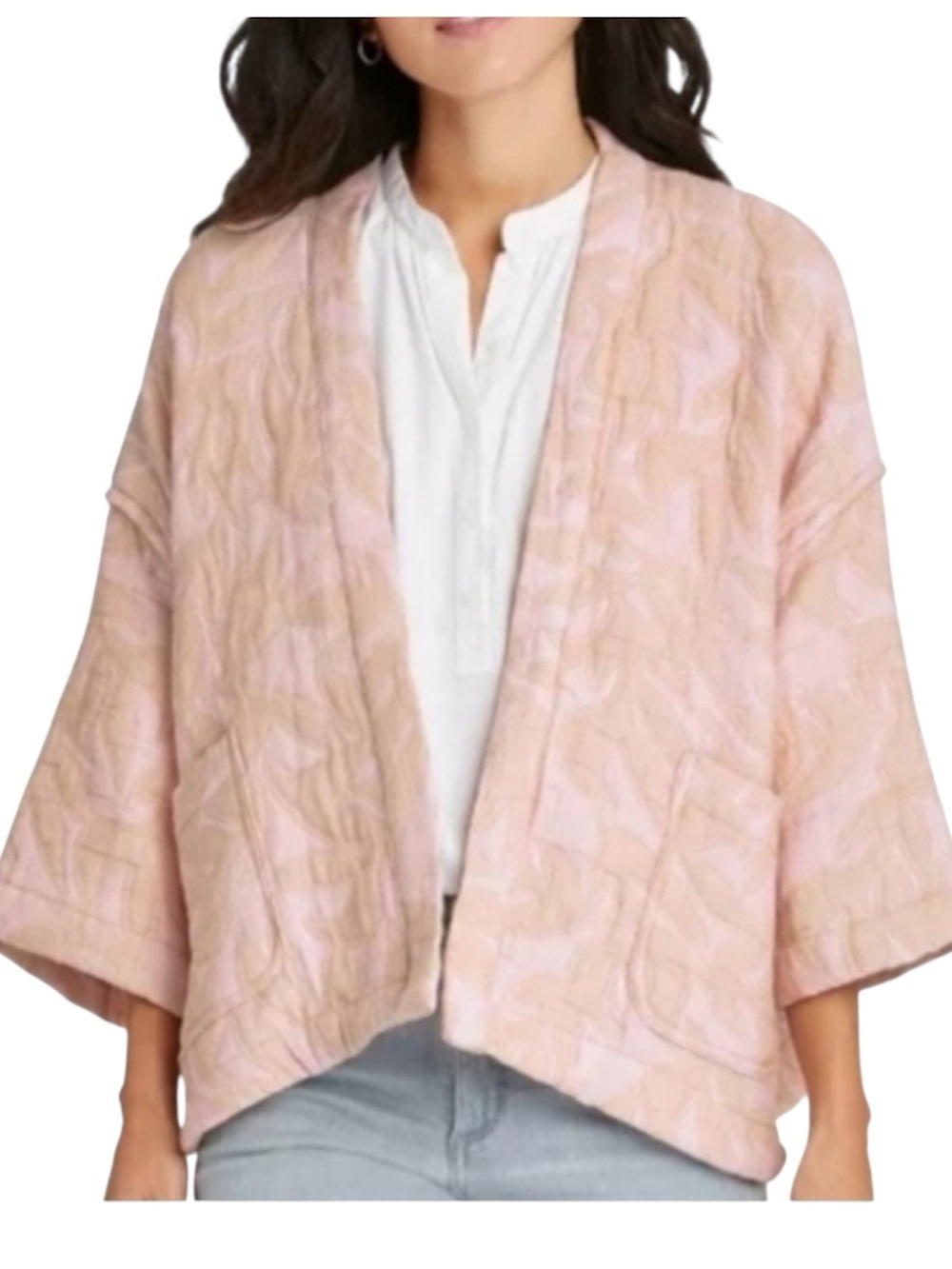 Universal Thread Open Front Quilted Kimono Jacket Pink Cream Floral Boho OS